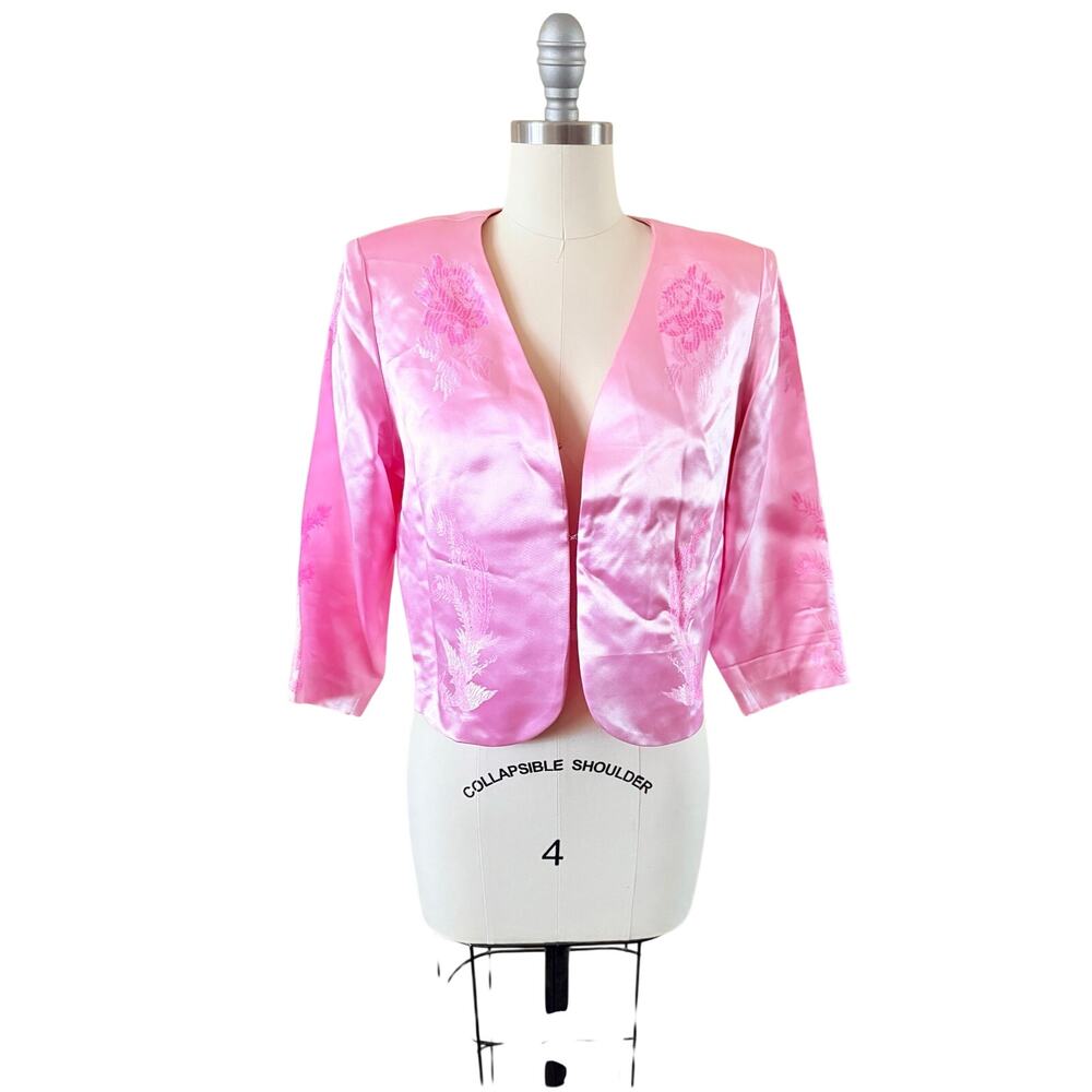 Vintage Pink Satin Embroidered Cropped Jacket Handmade Silk Feel S Blazer